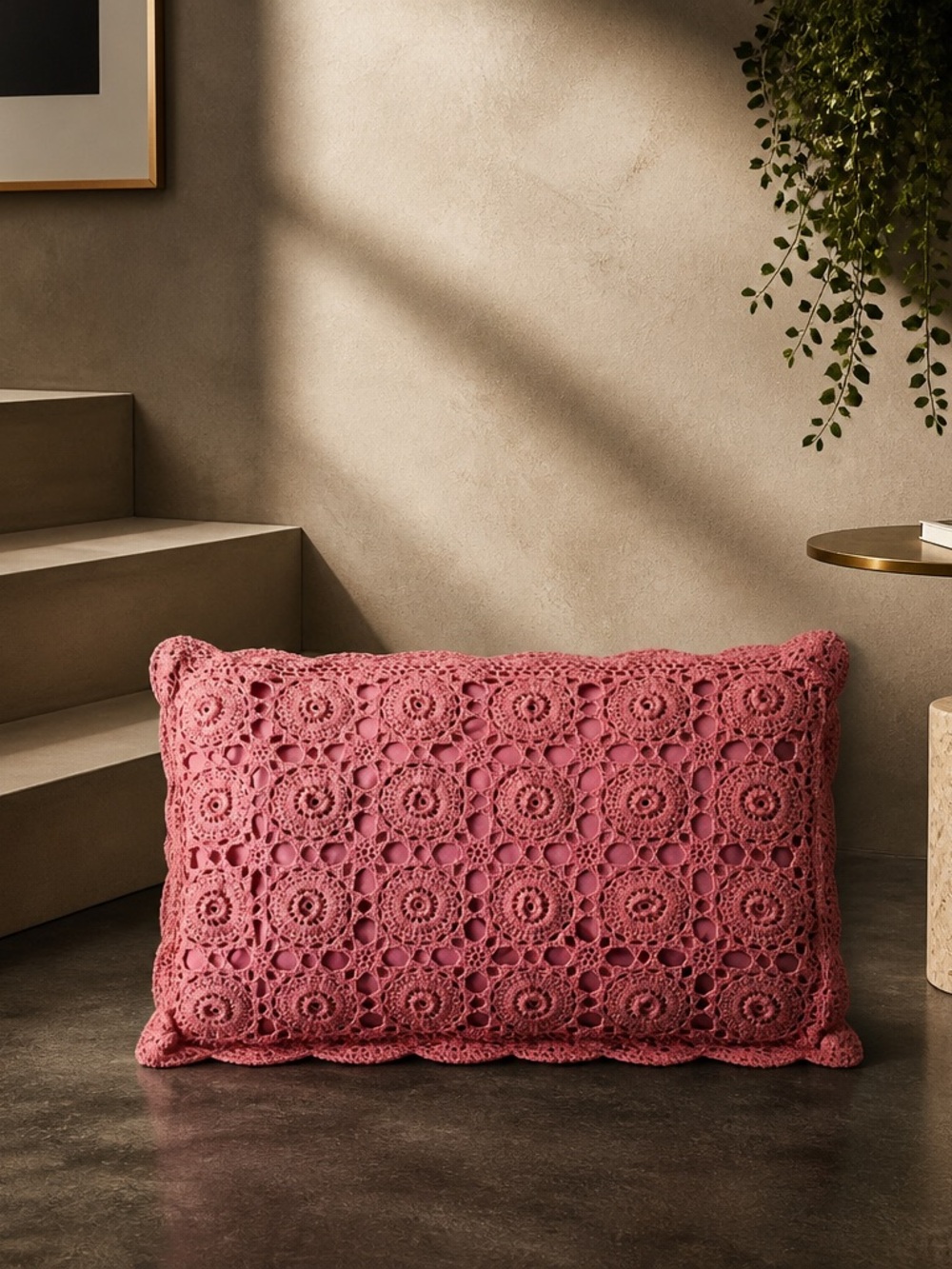 1970s Vintage Crocheted Rose Pink Decorative Standard Sham Pillow Cover